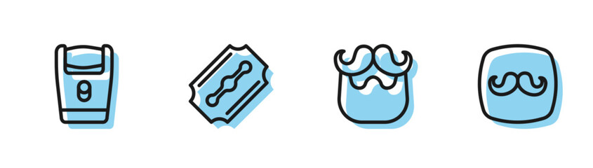 Set line Mustache and beard, Electric razor blade, Blade and Barbershop icon. Vector