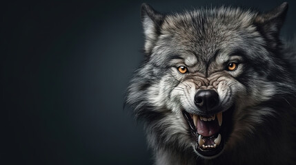 Front view of angry Mane Wolf on gray background. Wild animals banner with empty copy space