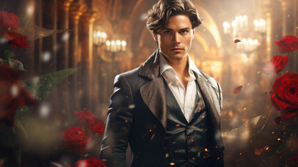 Illustration of fantasy character, ideal for novel book cover. Portrait, Man romantic