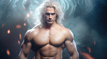 Fototapeta na wymiar Illustration of fantasy character, ideal for novel book cover. White-haired man sexy