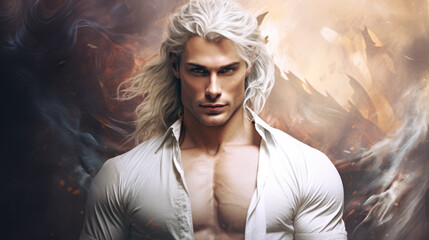 Illustration of fantasy character, ideal for novel book cover. White-haired man muscular