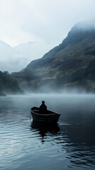 landscape photo of a man on a boat on a misty lake in Scotland
