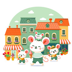 Obraz na płótnie Canvas Cute cartoon stylised mice in city eating ice cream. Scene for design of children's cards, books on white background. Vector illustration. 