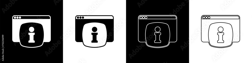 Poster set computer monitor with text faq information icon isolated on black and white background. frequent