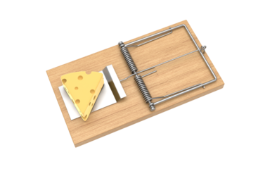 Mousetrap with cheese on transparent background, PNG file
