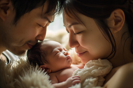 Happy Asian family couple kissing their little baby, close up portrait of father and mother holding and kiss their baby