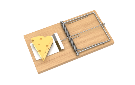 Mousetrap with cheese on transparent background, PNG file
