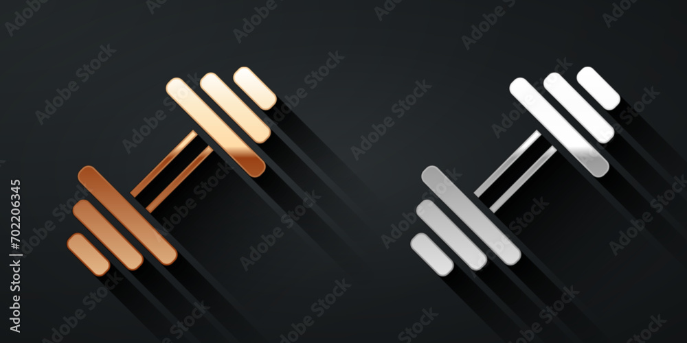 Canvas Prints Gold and silver Dumbbell icon isolated on black background. Muscle lifting icon, fitness barbell, gym, sports equipment, exercise bumbbell. Long shadow style. Vector