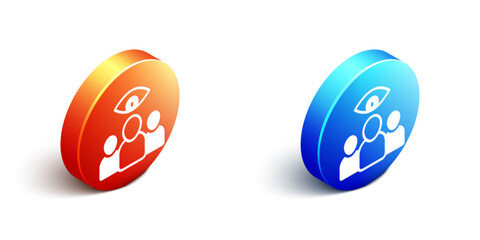 Isometric Spy, agent icon isolated on white background. Spying on people. Orange and blue circle button. Vector
