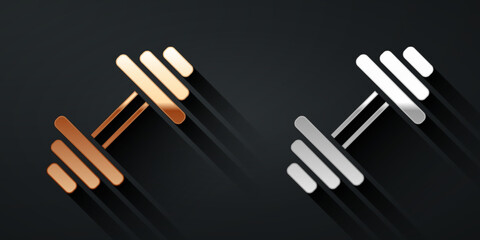 Gold and silver Dumbbell icon isolated on black background. Muscle lifting icon, fitness barbell, gym, sports equipment, exercise bumbbell. Long shadow style. Vector