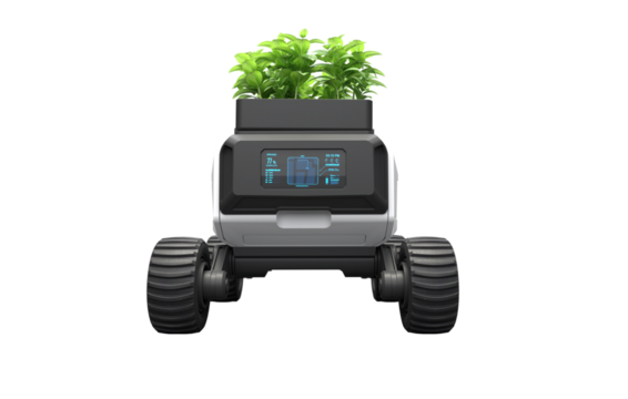 Robot truck carrying vegetables on transparent background, PNG file
