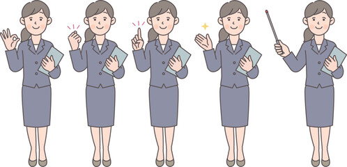スーツの女性の全身ポーズセット01