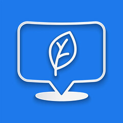 Paper cut Location with leaf icon isolated on blue background. Eco energy concept. Alternative energy concept. Paper art style. Vector