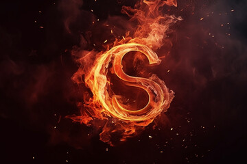 3d symbol on fire with smoke and sparks on a dark red background 