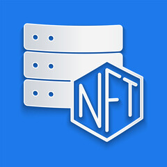 Paper cut NFT blockchain technology icon isolated on blue background. Non fungible token. Digital crypto art concept. Paper art style. Vector