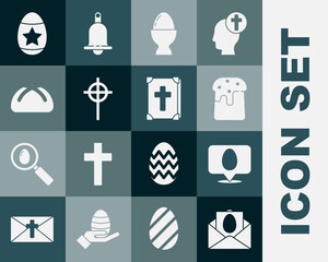 Set Greeting card with Happy Easter, Speech bubble easter egg, cake, on stand, Christian cross,  and Holy bible book icon. Vector