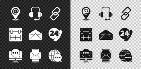 Set Location and mail and e-mail, Headphones, Chain link, Chat messages notification monitor, Mobile envelope, World map made from speech bubble, Calendar and Envelope icon. Vector