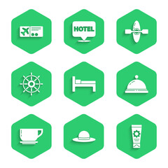 Set Bed, Elegant women hat, Sunscreen cream in tube, Hotel service bell, Coffee cup, Ship steering wheel, Kayak or canoe and Airline ticket icon. Vector
