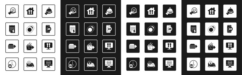 Set Covered with a tray of food, Plate, Paper or financial check, Clock 24 hours, Food ordering, Online and delivery, Cafe restaurant location and burger icon. Vector