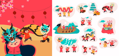 Hand drawn Chinese new year icons with illustration