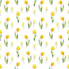 Seamless yellow tulip pattern.Background of botanical yellow flowers. Watercolor illustration. Texture for packaging, printing on fabric, paper. Hand drawn art isolated.