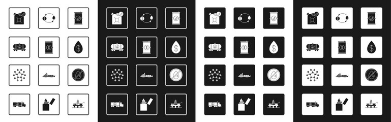 Set Bio fuel barrel, Barrel oil with dollar, Oil railway cistern, canister, drop, exchange, No and Molecule icon. Vector