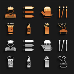 Set Beer bottle, Matches, Homemade pie, Lighter, Glass of beer, Oven glove, Cook and Sausage icon. Vector