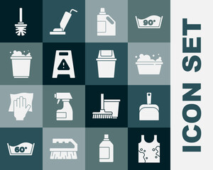 Set Dirty t-shirt, Dustpan, Basin with soap suds, Bottle for cleaning agent, Wet floor, Bucket foam, Toilet brush and Trash can icon. Vector