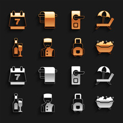 Set Concierge, Sunbed with umbrella, Bathtub, Suitcase, Champagne bottle glass, Digital door lock, Hotel booking calendar and Towel hanger icon. Vector
