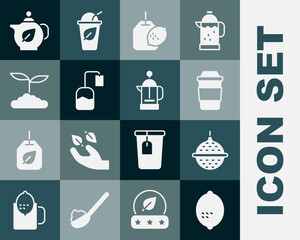 Set Lemon, Ball tea strainer, Cup of, Tea bag with lemon, leaf, Teapot and French press icon. Vector
