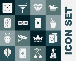 Set Poker player, Deck of playing cards, Champagne an ice bucket, Diamond, Stacks paper money cash, King with diamonds, Game dice and Playing icon. Vector