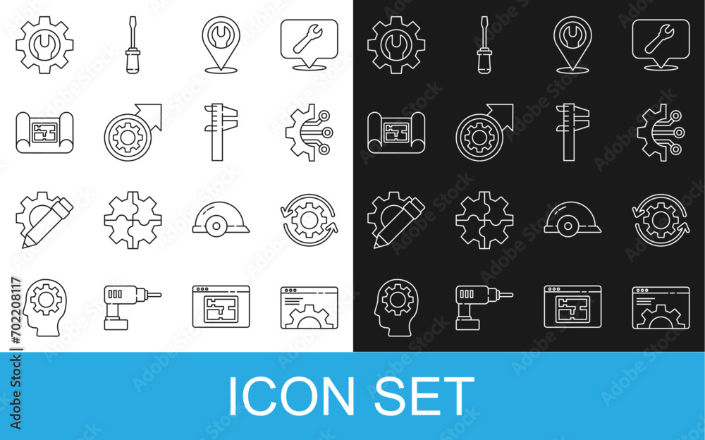 Poster set line browser setting, gear and arrows as workflow, algorithm, location with wrench spanner, proc
