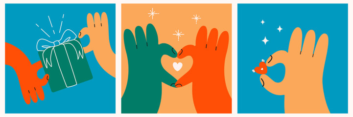 Set posters,cards of love,romantic,Valentine's day concept.Hands holding gift box,cupid heart with wings,heart shaped two arms.Vector eps10
