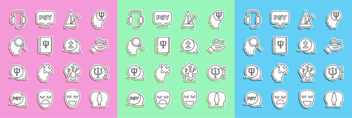 Set line Bipolar disorder, Psychology, Psi, Solution to the problem, Metronome with pendulum, book,, Finding, Psychologist online and Graves funeral sorrow icon. Vector