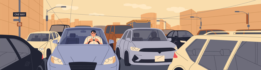 Traffic jam on busy city street. Angry man stuck on road in rush hour, late on way to work. Lots of auto transport, slow heavy movement, slowly vehicle flow in downtown. Flat vector illustration - obrazy, fototapety, plakaty