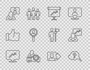 Set line Graph, schedule, chart, Question mark, Chalkboard with diagram, Media projector, Head hunting, Search people, Team leader and  icon. Vector
