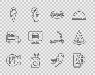 Set line Cafe and restaurant location, Online ordering delivery, Hotdog sandwich, Asian noodles chopsticks, Ice cream, burger, ice and Slice of pizza icon. Vector