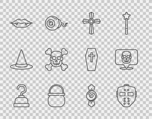 Set line Pirate hook, Hockey mask, Tombstone with cross, Halloween witch cauldron, Vampire teeth, Skull crossbones, Candy and  icon. Vector