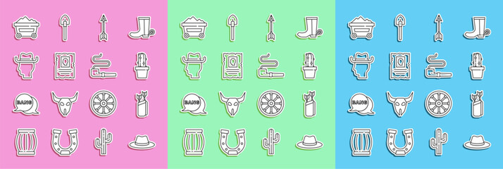 Set line Western cowboy hat, Quiver with arrows, Cactus peyote in pot, Crossed, Wanted western poster, Cowboy, Coal mine trolley and Smoking pipe icon. Vector