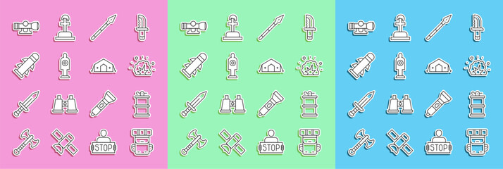 Set line Hiking backpack, Hand smoke grenade, Bomb explosion, Medieval spear, Human target sport for shooting, Rocket, Sniper optical sight and Military medical tent icon. Vector