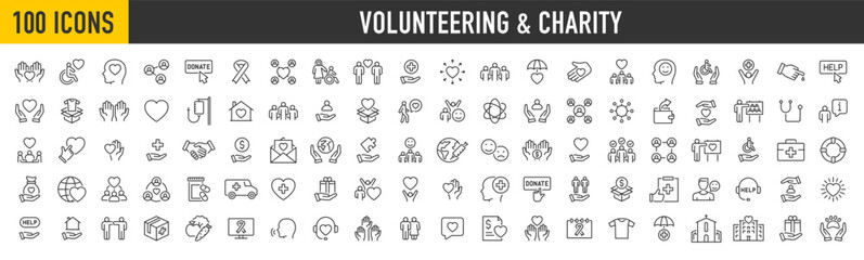 Set of 100 Volunteering and charity web icons in line style. Donate, donor, doctor, care, help, support, collection. Vector illustration.