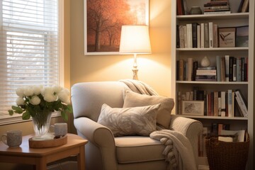 cozy and warmly lit home office. Soft natural light filters through sheer curtains, casting a gentle glow on the tasteful furniture and soothing wall colors.