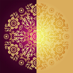 Vector vintage frame with lacy golden mandala on purple and gold gradient background