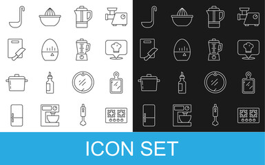 Set line Gas stove, Cutting board, Chef hat with location, Teapot, Kitchen timer, and knife, ladle and Blender icon. Vector