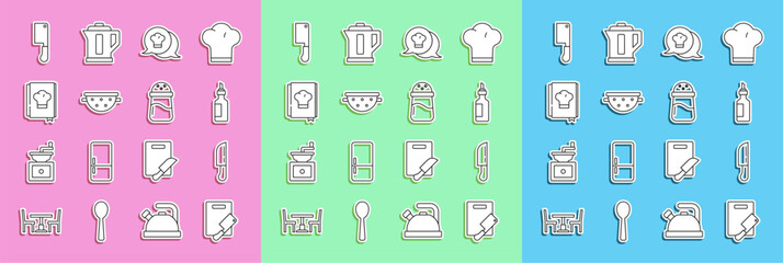 Set line Cutting board and meat chopper, Knife, Bottle of olive oil, Chef hat speech bubble, Kitchen colander, Cookbook, Meat and Salt icon. Vector