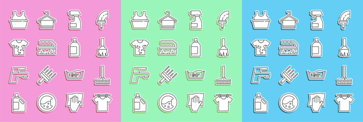 Set line Drying clothes, Handle broom, Feather, Cleaning spray bottle, Brush for cleaning, Dirty t-shirt, Basin with and Bottle agent icon. Vector