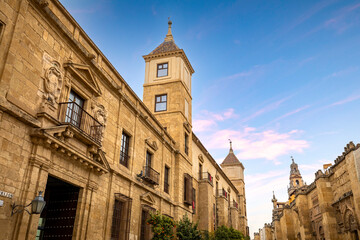 Corner view of the cathedral mosque with the Palacio del Obispado de Córdoba, Andalusia, Spain