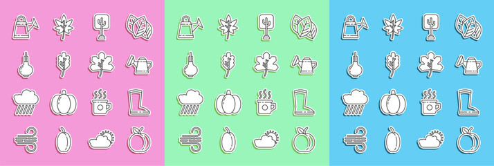 Set line Peach fruit, Waterproof rubber boot, Watering can, Tree, Leaf or leaves, Onion,  and  icon. Vector