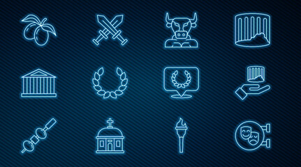 Set line Comedy and tragedy masks, Ancient column, Minotaur, Laurel wreath, Parthenon, Olives branch,  and Crossed medieval sword icon. Vector