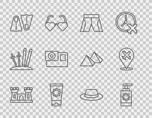 Set line Sand castle, Sunscreen spray bottle, Short or pants, cream in tube, Rubber flippers for swimming, Action camera, Man hat with ribbon and Plane icon. Vector